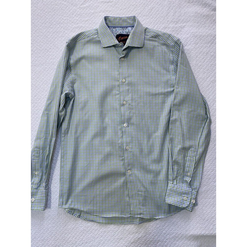 Egara Slim Fit Stretch Dress Shirt Medium Blue Green Check Floral Trim Non-Iron